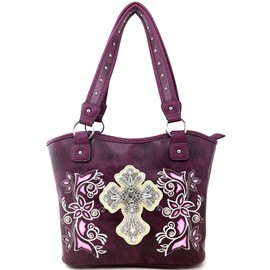 Justin West Embroidery Floral Rhinestone Silver Cross Laser Cut Tooled Leather Western Shoulder Concealed Carry Handbag Purse Messenger Bag Tote Wallet (Purple Tote and Wallet)
