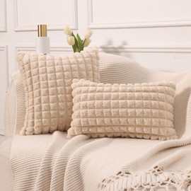 Mandioo Set of 2 Super Soft Plush Beige Cushion Covers 30cm x 50cm 12x20 Inch Faux Fur Plaid Texture Throw Pillow Cases rectangle Decorative Pillowcases For Home Decor Sofa Couch Bed Livingroom