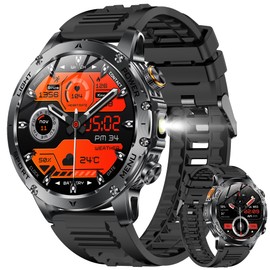 Smartwatch Herren mit 1000mAh 100 Tage Akku/LED Taschenlampe/1,85" AMOLED, Sportuhr mit Bluetooth Anrufe mit Schlafmonitor, 123 Sportmodi,5ATM Wasserdicht Smart Watch für iOS Android (Schwarz Silikon)