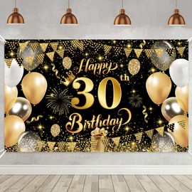 Yuanbigtai 30th Happy Birthday Banner,Happy 30th Birthday Decorations Backdrop,Birthday Party Decoration Black Gold Sign Poster for Backdrop Background for Men, and Women Birthday, 70.8 x 43.3 Inch