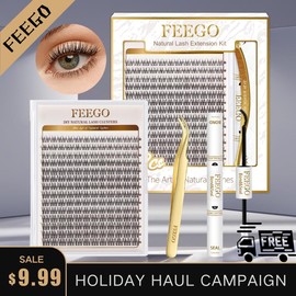 FEEGO Natural Wispy Cluster Lashes 9-12mm Natural Individual Eyelashes DIY Cluster Eyelash Extensions Makeup with Bond Seal Tweezers for Beginner