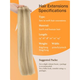 DOORES Sew in Hair Extensions 22 Inch 100g Light Blonde Highlighted Golden Blonde Human Hair Extensions Sew in Full Head Set Remy Hair Extensions Weft, Weave Hair Extensions Long Straight Real Hair