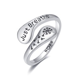 HUKKUN Just Breathe Rings for Women 925 Sterling Silver Just Breathe Dandelion Hope Ring Inspirational Encouragement Adjustable Rings Jewelry Gifts for Women
