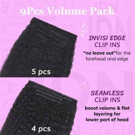 IDN BEAUTY 5+4 Invisi Edge Seamless Clip in Hair Extensions Human Hair Combo Pack, Kinky Straight 16 Inch 130g 5pcs Invisible Edge and 4pcs Seamless Clip ins for Black Women Natural Black No Leave Out