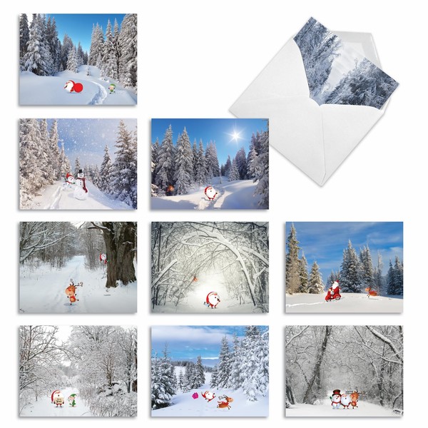 M6716XSB Santa Paths: 10 Assorted Blank Christmas Note Cards Featuring Cartoon Santa And Reindeer Frolicking Down Winter Paths, w/White Envelopes.