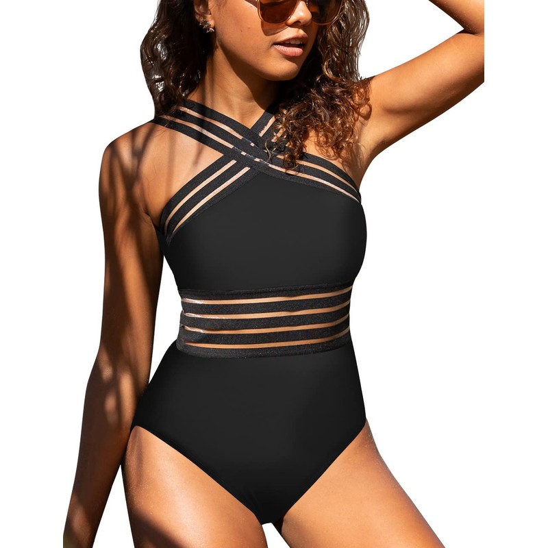 Hilor Women's One Piece Swimwear Front Crossover Swimsuits Hollow Bathing