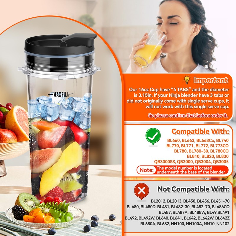 2Pcs Replacement 16oz Blender Cups for Ninja, Single Serve Blender