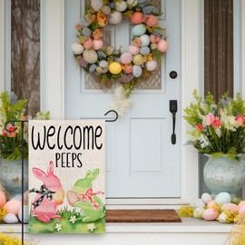 FUYUCHEN Welcome Peeps Easter Garden Flag 12x18 Inch Double Sided Outside Eggs Bunny Bow Yard Holiday Flag