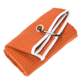 TIXIPEM 16 in x 16 in Golf Towel - Tri-Fold Microfiber Waffle Pattern Golf Towel Portable Strong Water Absorption with Lock Clip Use for Cleaning Ball & Ball Club & Bag - [Orange]