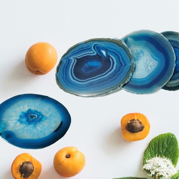 Natural Agate Coaster for Drinks Geode Stone Coasters Teal Irregular 4Pcs Dyed Agate Sliced Cup Mat 3-4'' DIY Decorative Paintings Ornaments Housewarming Gift