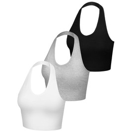 Bencailor 3 Pieces Women Halter Top Backless Scroop Neck Deep V Neck Crop Workout Tops for Women(Large,Black, White, Gray)