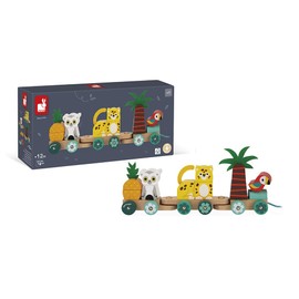 Janod - Tropical Pull-Along Train Tropic - Wooden Pull Along Toy - 11 Pieces + 3 Carriages - Educational Game Motor Skills + Hand Eye Coordination - FSC Certified - Watercolours - From 1 Year, J08272