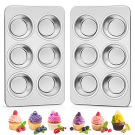 Homikit 2 Pack Muffin Pan, Stainless Steel Cupcake Baking Tin with 6 Cups Regular Size, 11.4 x 7 Inches Metal Egg Bites Tray for Toaster Oven, Rust Free & Non Toxic, Easy Release & Dishwasher Safe