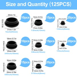 125Pcs Rubber Plugs for Round Holes, Durable and Long Service Life, 8 Sizes Hole Plugs 1" 3/4" 5/8" 1/2" 3/8" 5/16" 1/4" 1/5", Snap Locking Silicone Rubber Hole Plugs Kit for Car Wiring Furniture