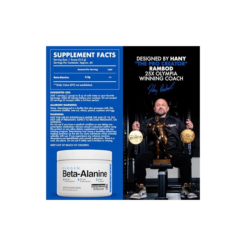 Evogen Beta-Alanina Beta-Alanine Performance Enhancer, Unflavored, 60 Servings