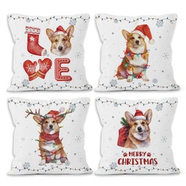 MONALET Winter Christmas Corgi Dog Throw Pillow Covers 18x18 Set of 4, Corgi Dog Decor Pillow Cases for Bedroom Living Room, Decorative Pillowcases Gifts for Corgi Lovers Owners