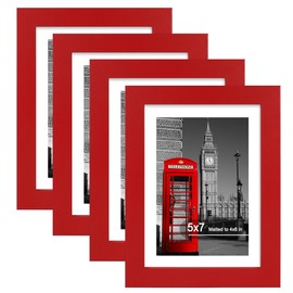 Hongkee 5x7 Picture Frame (4 Pack, Red) Made of Real Glass and Wooden Frame - Display Pictures 4x6 with Mat or 5x7 Without Mat, 5 by 7 Photo Frames TableTop Display and Wall Mounting