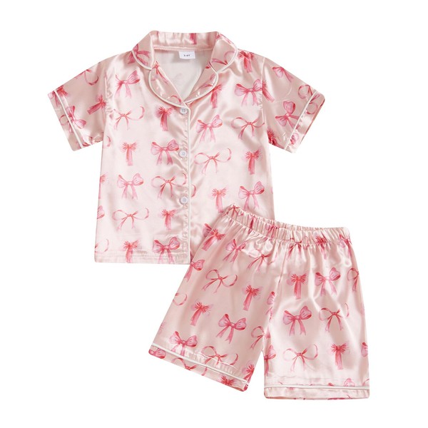 MAHUAOYIXI Toddler Kids Girls Summer Satin Pajamas Outfits Short Sleeve