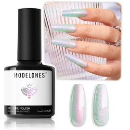 modelones Pearl Gel Nail Polish, 15 ML Shimmer Pearl Light Green Mermaid Nail Drawing Gel Polish Soak Off Uv Led Pearlescent Gel Polish Swirl Shell Thread Effect DIY Manicure Gift for Girls Women