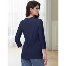 YUCOLEN 3/4 Length Sleeve Tops for Women V Neck Solid Color Tunic Casual Basic Trendy T Shirts Navy S