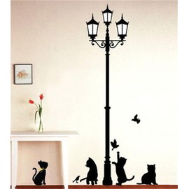Condessacity Wall Sticker, Stylish, Streetlight, Black, Monotone, Cat Wall Sticker, Cute, Cat Catching, Wall Sticker, Removable Wallpaper, Stylish, Living Room, Rental, Bedroom, Children's Room,