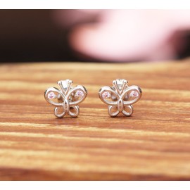 Kaguyo Butterfly Earrings for Women - 925 Sterling Silver Clear and Pink Amethyst CZ Cute Butterfly Stud Earrings for Women and Girls, Birthday Gift (pink)