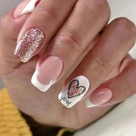Valentines Day Press on Nails Short Medium Square Fake Nails with Glitter Heart Designs White French Tip Glue on Nails Pink White Full Cover False Nails Press ons for Women 24 Pcs