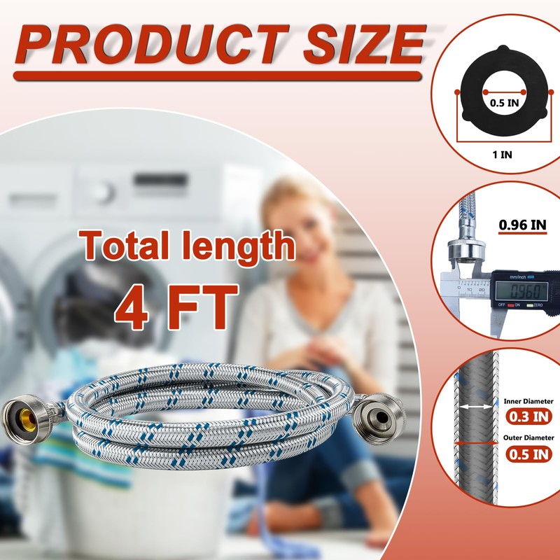 【UPGRADE】4FT Washing Machine Hoses with 90 Degree Elbow Premium Stainless