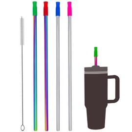 Wobye 40 oz Stainless Steel Straws, 12'' Extra Long 8mm Wide Reusable Metal Straws Replacement for 40 30 oz Tumbler, with Silicone Tip Cleaning Brush, Set of 4