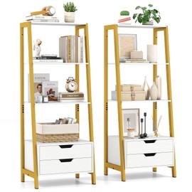 Tangkula 4-Tier Ladder Shelf with 2 Drawers, 52.5" Tall Freestanding Bookcase with Sturdy Metal Frame, Shelving Unit Display Rack with Storage for Bedroom, Living Room, Home Office (2,White+Gold)