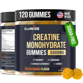 EcoWise Wellness Creatine Monohydrate Gummies 5000mg – Sugar-Free, Vegan, Mango Flavor, 120 Chews