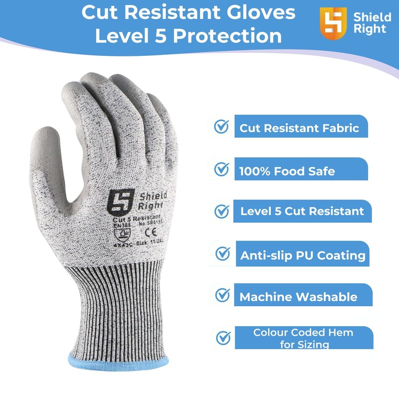 Shield Right Cut Resistant Gloves, Level 5 Protection, PU Coated