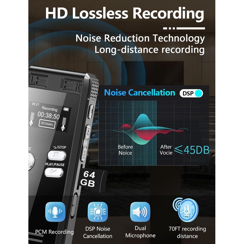 64GB Digital Voice Activated Recorder with Playback - 4552 Hours