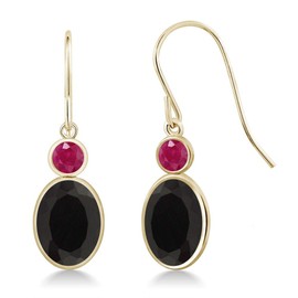 Gem Stone King 14K Yellow Gold Black Onyx and Red Ruby Hook French Fish Ear Wire Dangle Earrings For Women (2.46 Cttw, Gemstone December Birthstone, Oval 8X6MM, Round 3MM)