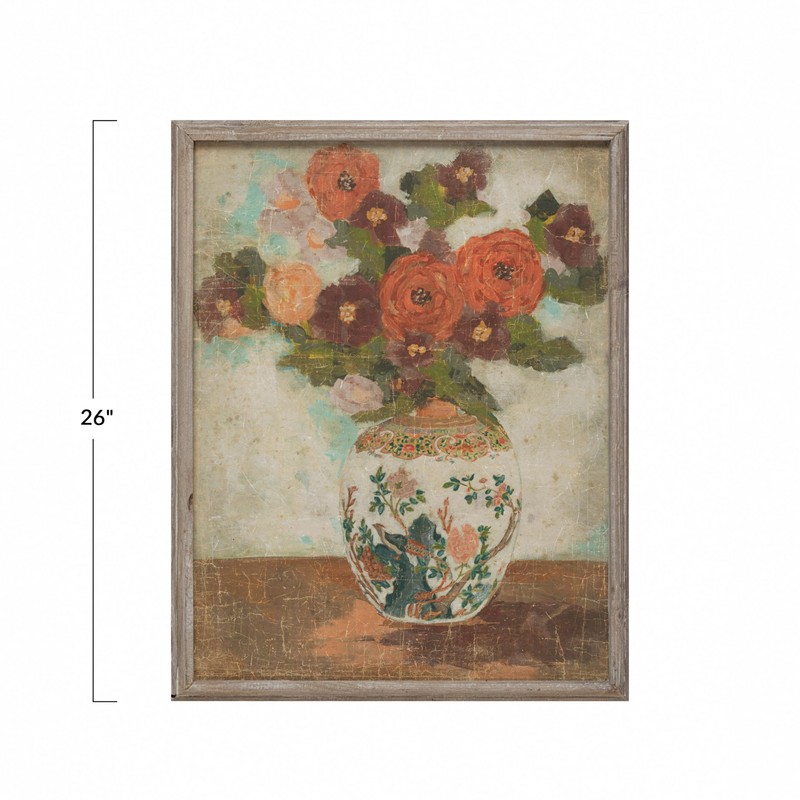 Creative Co-Op Wood Framed Wall Décor with Flowers in Vase
