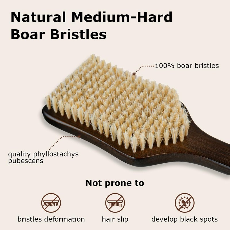 Shower Back Scrubber with Curved Long Handle Medium-Hard Natural Boar