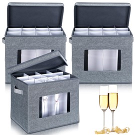 Norme 3 Pcs Wine Glasses Storage Box with Dividers, 12 Compartments Champagne Flute Storage Box with Lid Handle Window China Storage Containers Holder for Moving(Wine Glass Size,Gray)