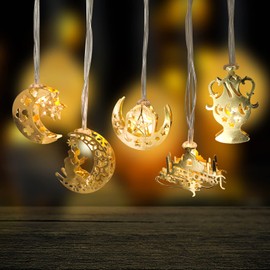 Wxuean Ramadan Eid Decoration Lights Battery Powered 5Ft Eid String Lights 10 LEDs Moon, Star, Castle, Lantern Lights, Indoor Ramadan Decorations Lights Warm White Fairy Lights for Room Outdoor Decor