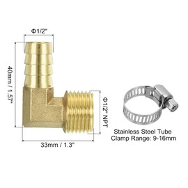 sourcing map 2pcs Brass Hose Barb Fittings, 1/2" Barb x 1/2" NPT Male 90 Degree Brass Elbow Fitting Adapter with Hose Clamps for Water Fuel Air, Mechanical Devices