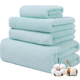 4-Piece Zero-Twist 100% Ring Spun Cotton Towel Set,600GSM Luxury Long-Staple Combed Cotton Bath Towel for Bathroom-Ultra Soft Skin Friendly Fluffy Highly Absorbent Quick Dry Cotton Towel Set,Aqua