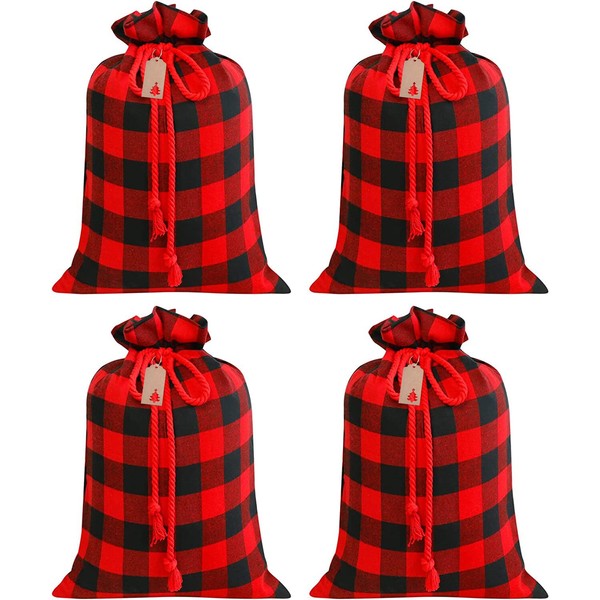 Yzpacc 4 Pack Exlarge Christmas Gift Bags Xmas Bags Reusable Christmas Gift Bags Buffalo Plaid Santa Sacks Canvas Storage Bags with Red Drawstring 19.6X27.6Inchs for Gifts Wrapping (Red & Black)