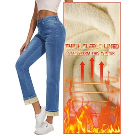 Yewfirm Women Fleece Lined Jeans Women's High Waisted Straight Leg Jeans Winter Fleece Lined Jean Pants Light Blue Size 8