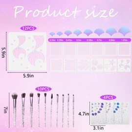 codree 26 Pcs Mermaid Scale Stencil Set, Mermaid Face Makeup Templates, Shell Starfish Fish Scale Stencils Mermaids Sticker Makeup Brushes for Women Girls Face Painting Wall Accessories