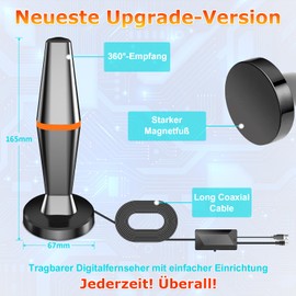 DVBT2 Antenna, Indoor Antenna DVB-T & DVB-T2 Antennas with Amplifier, Long Range and 360° Reception, Indoor Antenna for TVs with Strong Magnetic Base, Suitable for 4K 1080p and All TVs