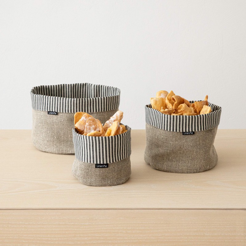 LinenMe Black Natural Striped Linen Cotton Basket Jazz, MEDIUM (20