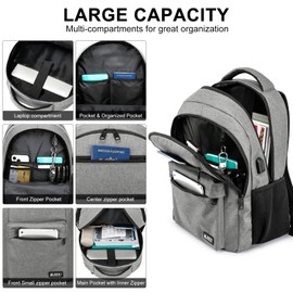 RJEU Backpack for Men and Women, School Backpack for Teen Boys and Girls, 15.6 inch Laptop Bookbag with USB Charging port for Business Work College, Grey