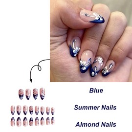 24 Pcs Press on Nails Medium Almond - ZIFANHU Blue Fake Nails Press ons French Nail Art Tip Full Cover Acrylic Nude Pink False Nails with Blue White Flowers Design Glue on Nails for Women