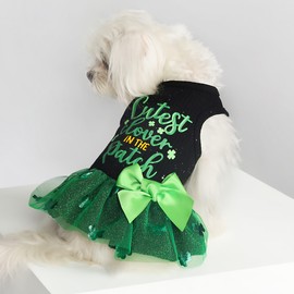 Fitwarm Cutest Clover in The Patch Dog Dress, St Patricks Day Dog Clothes for Small Dogs Girl, Funny Pet Cat Holiday Outfit, Black, Emerald Green, Large