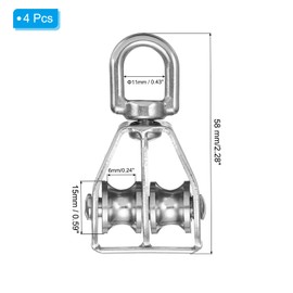 PATIKIL Double Pulley Block, 4pcs M15 304 Stainless Steel Wire Rope Lifting Crane Pulley Swivel Hook Hanging Wheel for Construction Warehouse Marine Industrial Home Use, Silver