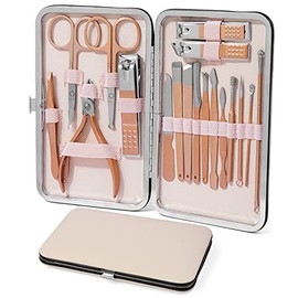 Manicura Set 18 en 1 Manicura y Pedicura Profesional Kit Acero Inoxidable Manicura Herramientas Portátiles para Cortar las Uñas-Oro Rosa